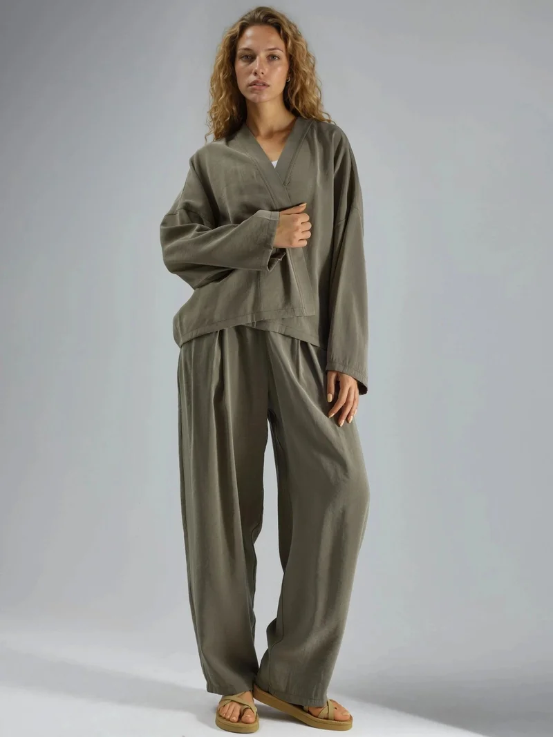 Busem Khaki Green BUSEM Long Sleeve Loose Fit Kimono for Women | Best Price UAE